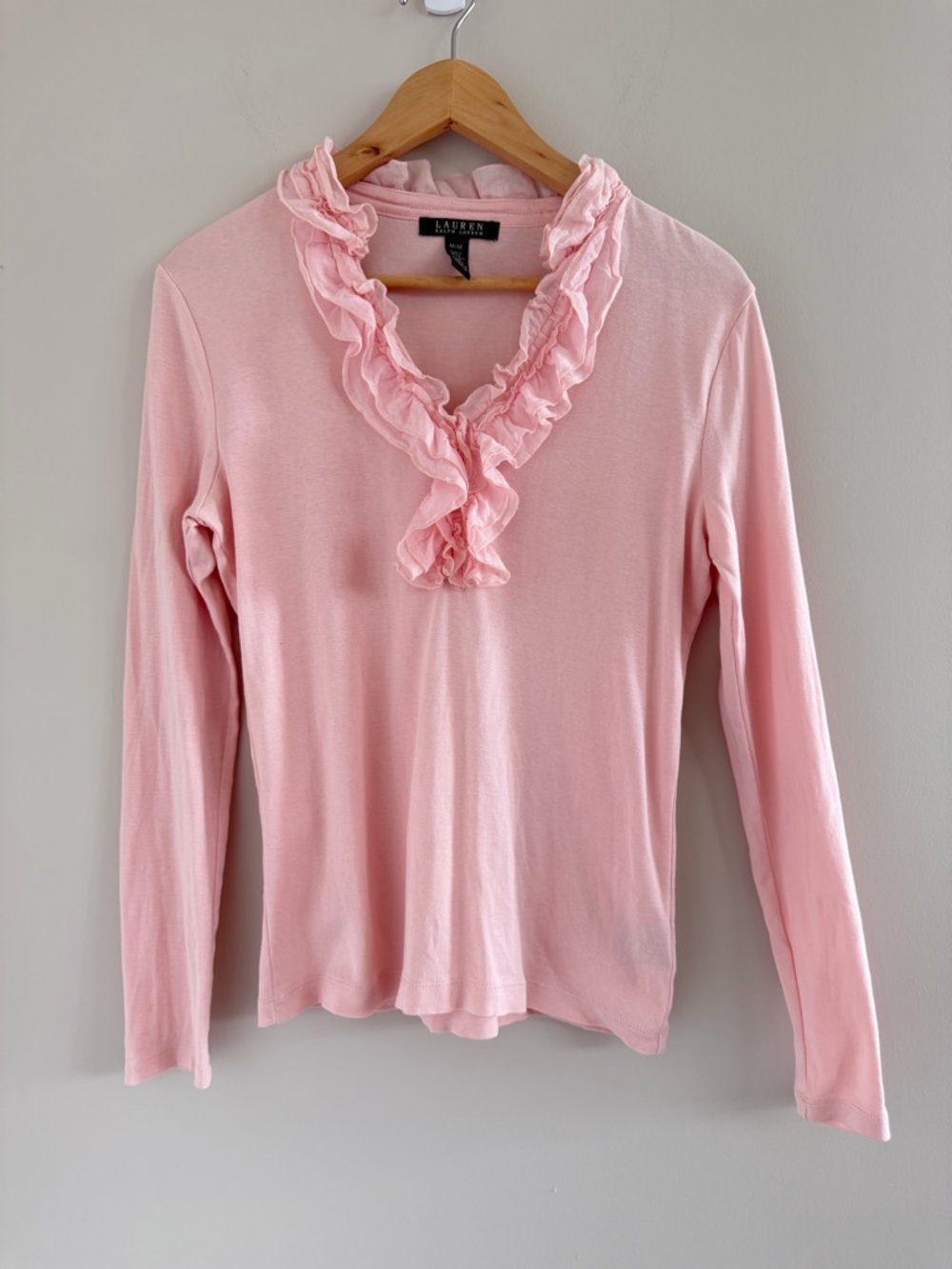 Lauren Ralph Lauren Pink Ruffle Neck Top Womens M Romantic Minimalist Feminine